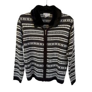 Vintage 90s Fair Isle Zip Up Cardigan Sweater Faux Fur Collar Black Ski Small